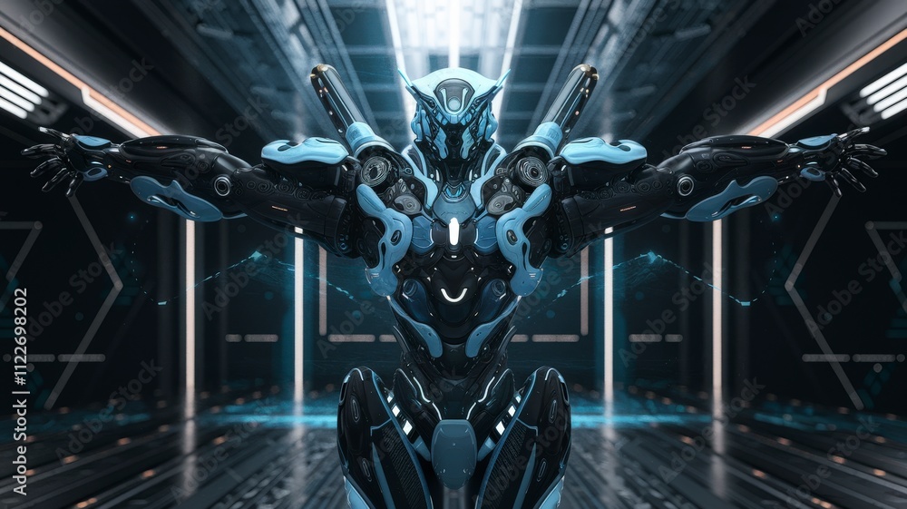 Poster futuristic robot with outstretched arms sci-fi lab digital art high-tech environment central viewpoi