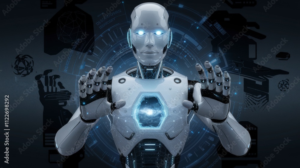 Aufkleber illustration of a futuristic robot with glowing blue lights in a digital sci-fi realm advanced techn