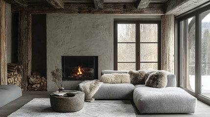 Obraz premium Cozy modern living room with scenic views serene environment interior design mountain retreat inviting concept
