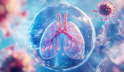 Futuristic Digital Illustration of Lungs with Cartoonish, Glowing Granules and Virus Shapes on Blue Background