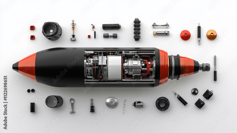 Aufkleber detailed composition of a high-tech pen with exposed mechanical components and surrounding tools on 