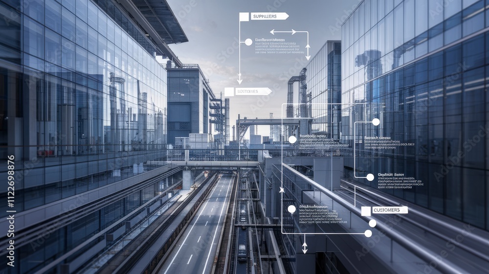 Poster supply chain flowchart insights modern city infrastructure infographic design urban environment aeri