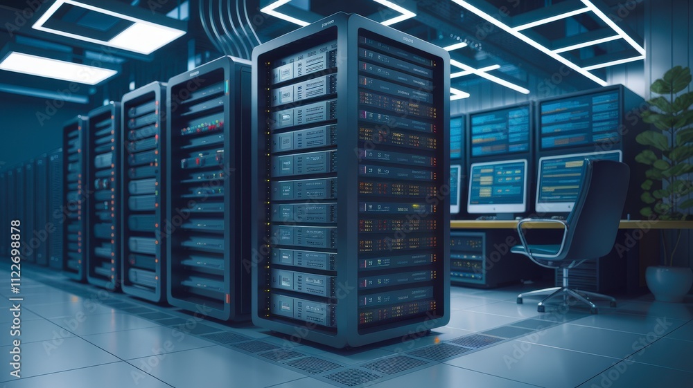 Poster data center management system modern facility digital infrastructure high-tech environment wide-angl