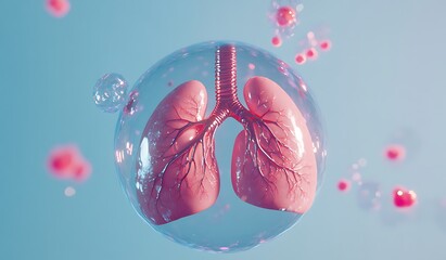 Futuristic Digital Illustration of Lungs with Cartoonish, Glowing Granules and Virus Shapes on Blue Background