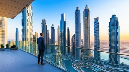 A businessman stands on a balcony, enjoying a breathtaking view of a modern city 