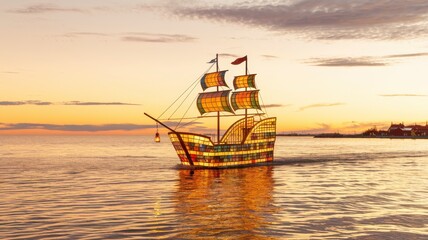 Obraz premium Artistic stained glass ship sailing at sunset a stunning coastal installation with captivating views and tranquil vibe