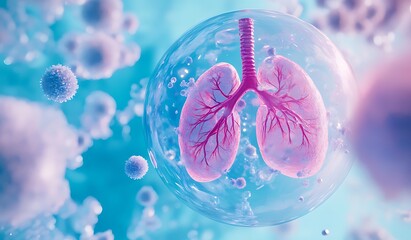 Futuristic Digital Illustration of Lungs with Cartoonish, Glowing Granules and Virus Shapes on Blue Background
