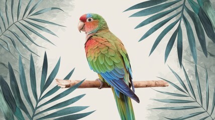 Obraz premium Vibrant tropical bird on branch in lush greenery a watercolor nature scene from an artistic perspective