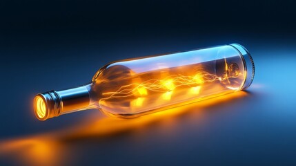 Stunning Transparent Glass Bottle with Illuminated Warm Orange Light Creating a Magical Ethereal Glow Against a Dark Blue Background for Creative Visuals