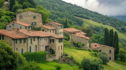 A lush green hillside with a village of stone houses