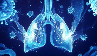 Futuristic Digital Illustration of Lungs with Cartoonish, Glowing Granules and Virus Shapes on Blue Background