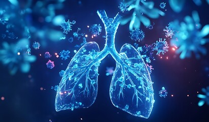 Futuristic Digital Illustration of Lungs with Cartoonish, Glowing Granules and Virus Shapes on Blue Background
