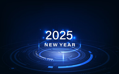 Futuristic Blue Digital 2025 New Year Celebration Background with Abstract Tech Elements and Modern Light Effects for Business and Technology Concept