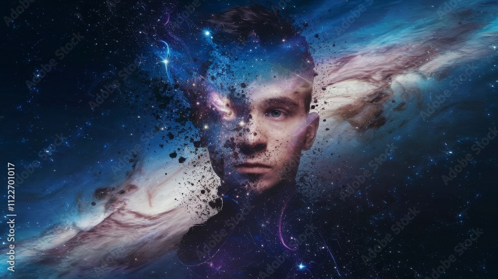 Poster Surreal cosmic portrait of a person’s face dissolving into space digital art cosmic environment artistic viewpoint