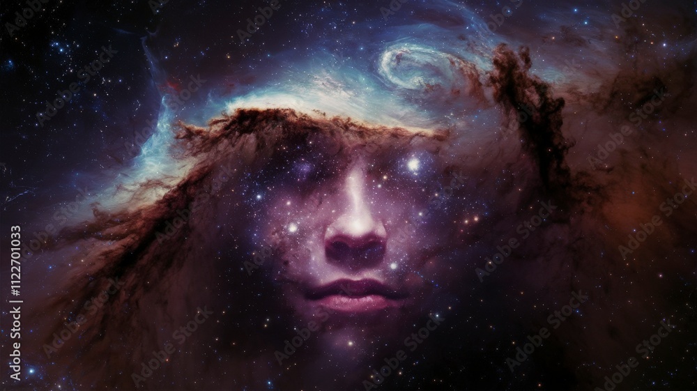 Aufkleber ethereal face emerging from cosmic nebula a surreal dreamlike perspective in digital abstract art