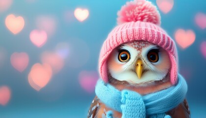 Obraz premium A cute, little, baby owl in warm winter clothes, symbol of love. Pastel, animal concept. Valentine's Day, love, cute fairy tale creature. Illustration copy text space