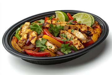 Fototapeta premium A sizzling plate of chicken fajitas with tender grilled chicken strips, vibrant bell peppers, and caramelized onions.