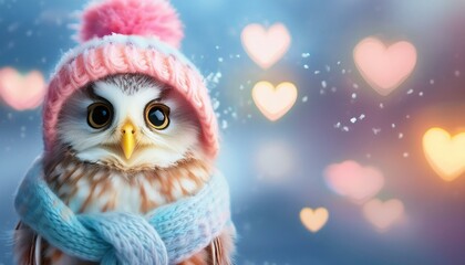 Obraz premium A cute, little, baby owl in warm winter clothes, symbol of love. Pastel, animal concept. Valentine's Day, love, cute fairy tale creature. Illustration copy text space