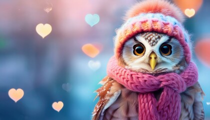 Obraz premium A cute, little, baby owl in warm winter clothes, symbol of love. Pastel, animal concept. Valentine's Day, love, cute fairy tale creature. Illustration copy text space