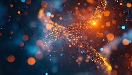 Abstract Futuristic DNA Double Helix Structure with Glowing Particles and Bokeh Background