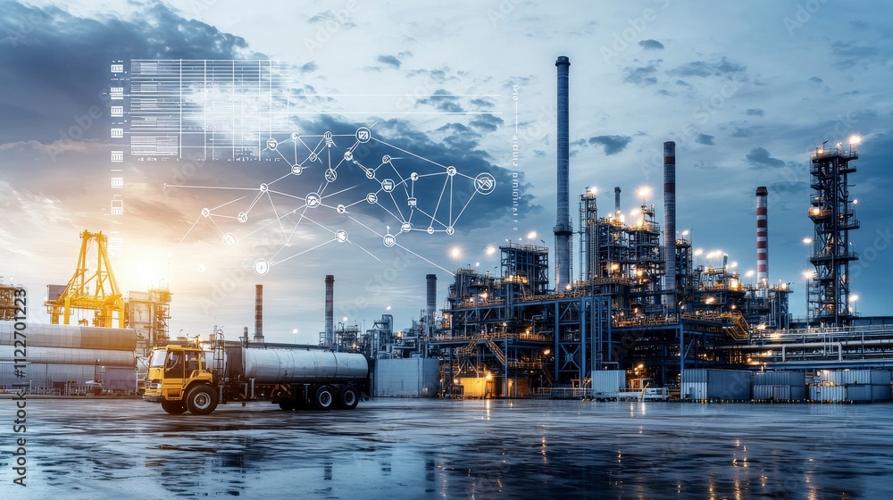Poster supply chain management flowchart system in industrial setting oil refinery digital graphics urban e