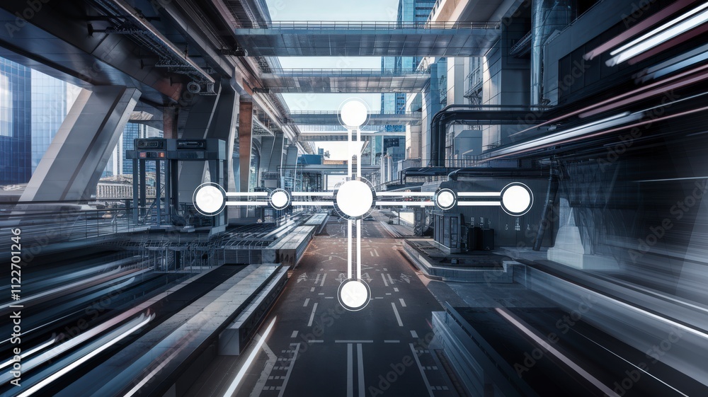 Poster Dynamic flowchart-inspired system design urban environment digital art futuristic viewpoint innovative conceptualization