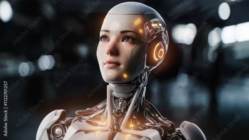 Aufkleber Futuristic humanoid robot portrait modern laboratory digital art high-tech environment close-up view ai concepts