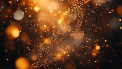 Abstract Futuristic DNA Double Helix Structure with Glowing Particles and Bokeh Background