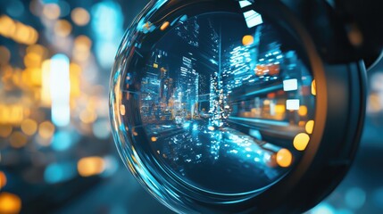 Fototapeta premium Night Cityscape Reflected in a LensUrban Metropolis at Night Glowing Lights and Cityscape Seen Through a Crystal Ball