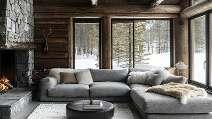 Fototapeta premium Cozy winter retreat in a rustic mountain cabin living room design snowy landscape contemporary comfort inviting atmosphere