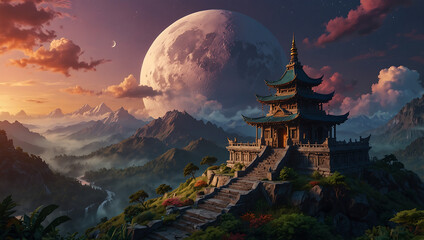 Fototapeta premium A large temple sits atop a mountain range, with lush vegetation, a large moon, and a colorful sky.
