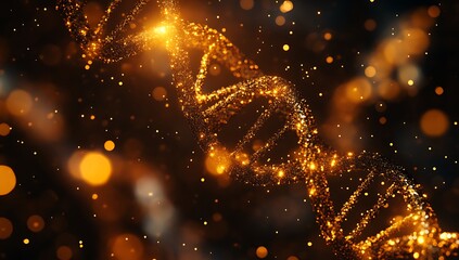 Abstract Futuristic DNA Double Helix Structure with Glowing Particles and Bokeh Background