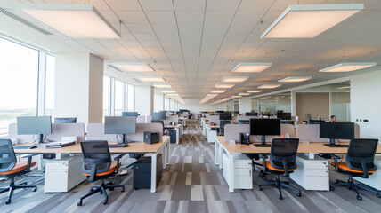 Fototapeta premium Modern Office Space with Spacious Layout, Multiple Workstations with Computers, Chairs, and Storage Drawers, Large Windows Allowing Ample Natural Light, Rectangular Lighting Fixtures, Neutral Color