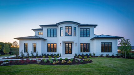 Fototapeta premium Modern Two-Story House with Light-Colored Exterior and Dark-Framed Windows, Curved Entranceway, Surrounded by Well-Maintained Landscaping with Shrubs, Flowers, and Manicured Lawn, Gradient Blue Sky 