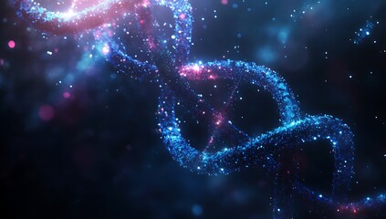 Abstract Futuristic DNA Double Helix Structure with Glowing Particles and Bokeh Background