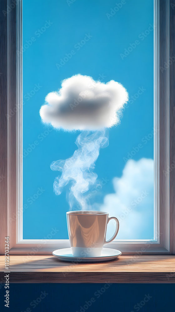 Poster there is a small cloud floating over a steaming coffee cup placed on a wooden surface in front of a 