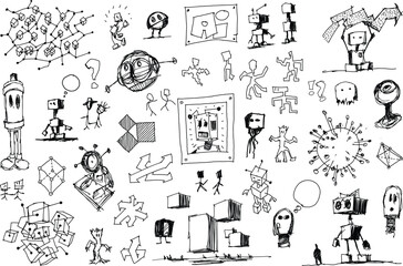 hand drawn architectural sketches of artificial intelligence topics and robots and network structures and arrow and business graphs
