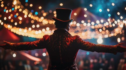 A man wearing a circus costume with a top hat on the background of lights in the circus