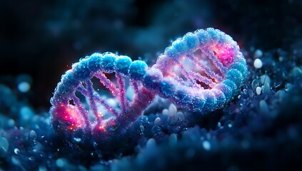 Abstract Futuristic DNA Double Helix Structure with Glowing Particles and Bokeh Background
