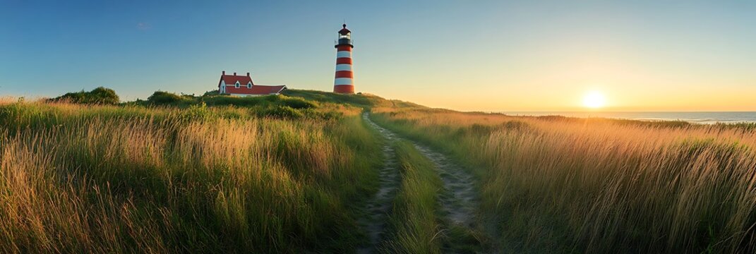 A lighthouse stands in the middle of a grassy field, a panoramic view with a red and white striped tower against the setting sun in the background.3