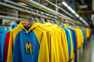 A line of colorful hoodies on hangers in an industrial t-shirt printing factory, with bright yellow and blue colors.
