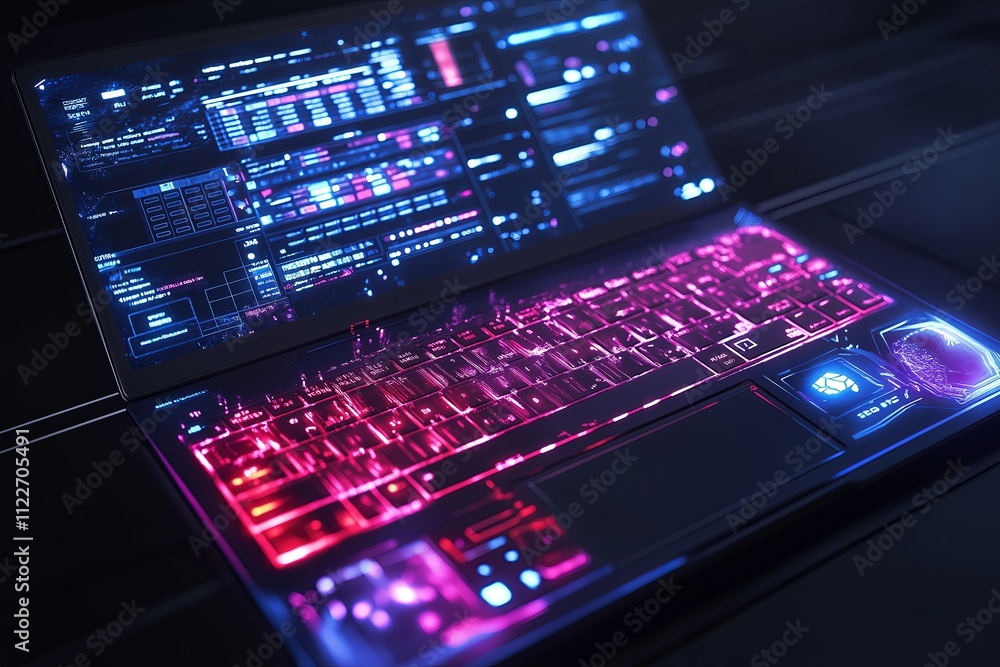 Poster A gaming laptop with a glowing RGB keyboard and dynamic visuals on the screen