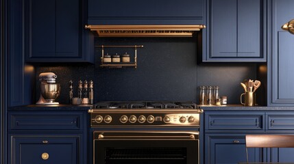 Obraz premium A mid-shot view of a modern luxury kitchen featuring navy blue cabinetry, gold hardware, and top-of-the-line appliances