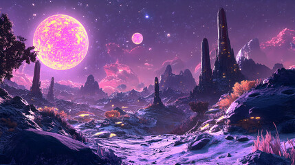 Fototapeta premium Otherworldly landscape with dual moons cosmic terrain digital art surreal environment wide view sci-fi concept