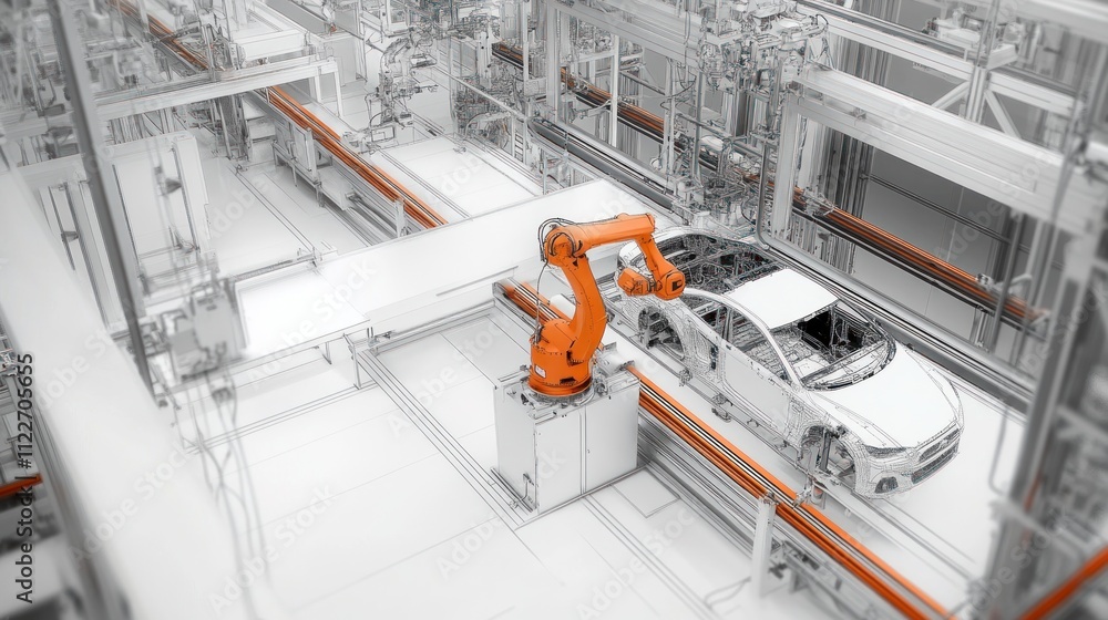Aufkleber automated robotic arm assembling car chassis on assembly line.