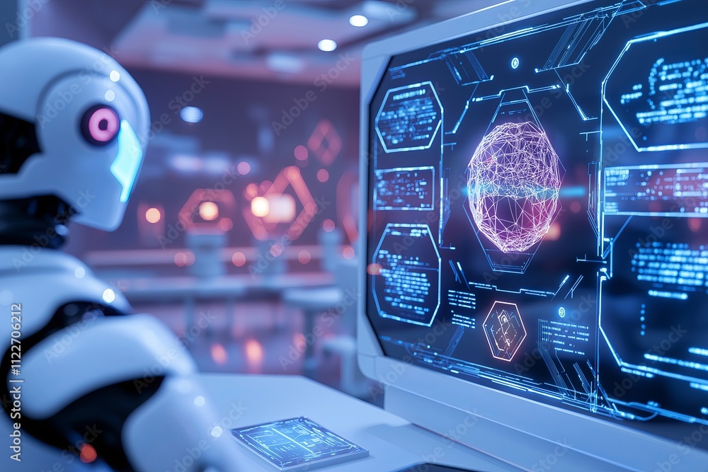 Poster a humanoid robot teaching a class in a futuristic classroom with holographic screen