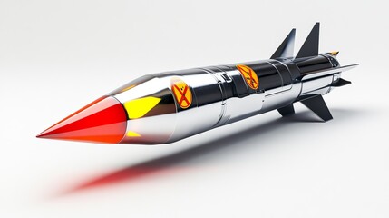 Futuristic Silver Missile with Red Tip and Emblems on a White Background, Showcasing Aerodynamic Design and Sleek Metallic Finish, Ideal for Science and Technology Themes