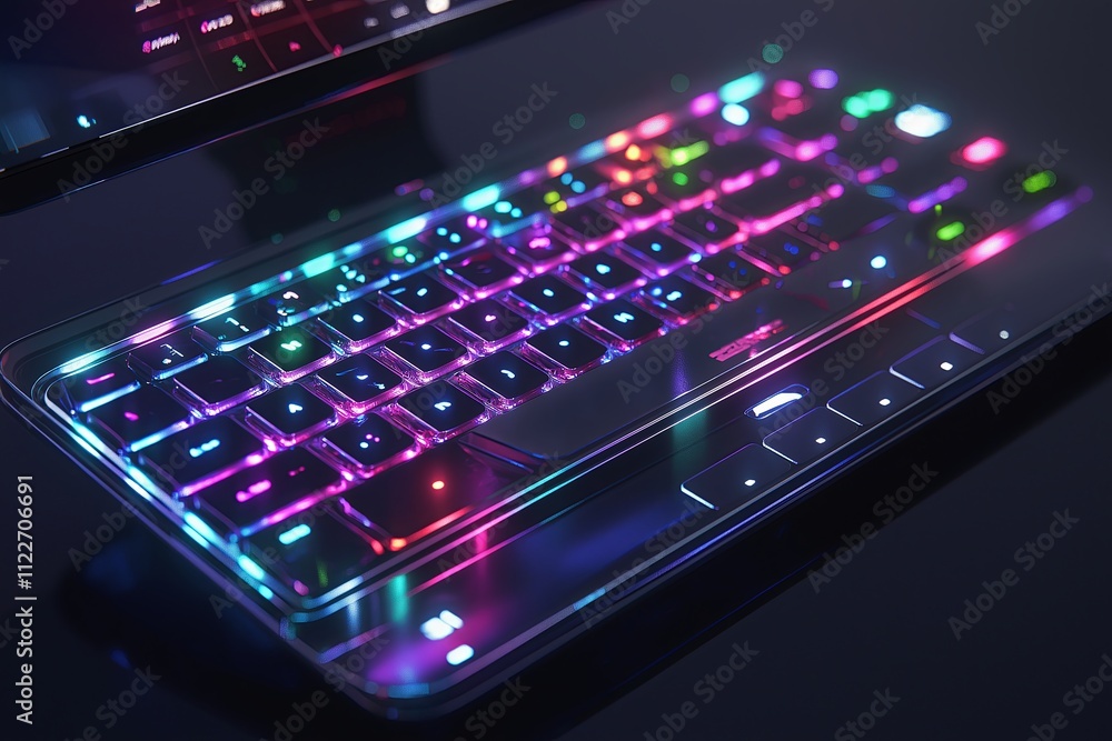 Poster A minimalist keyboard with glowing keys and a touch-sensitive glass trackpad.