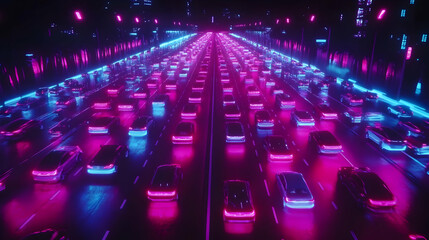 Obraz premium Futuristic Neon Road Scene with Drones in Cyberpunk Style