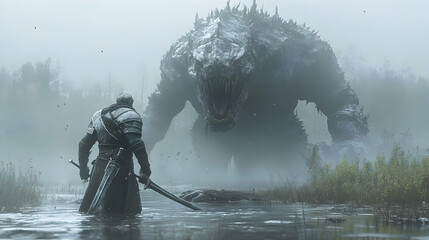 Fototapeta premium Epic battle between knight and monster in foggy marsh fantasy art dramatic scene mythical realm low angle adventure theme